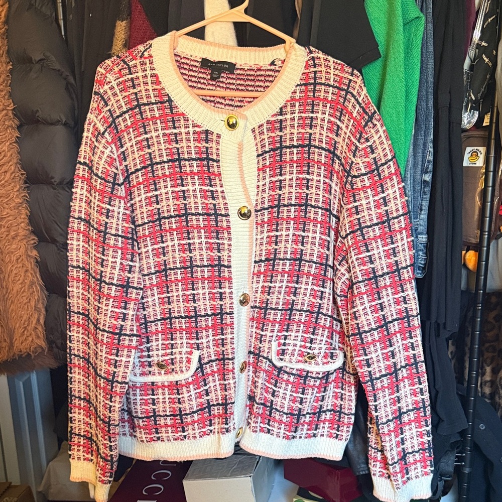 Anne Taylor Tweed Button-Up Cardigan Jacket in Pink, Navy & Cream